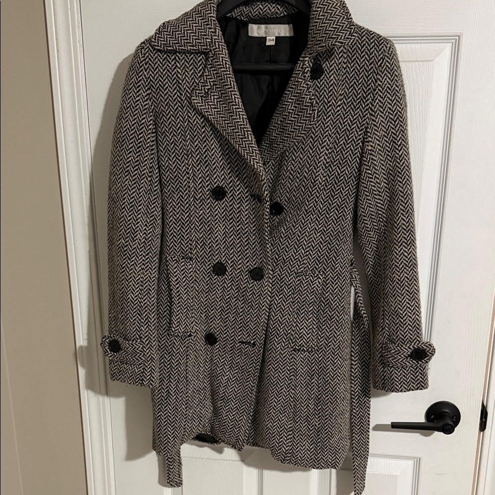 Amisu Black and White Herringbone Trench Coat